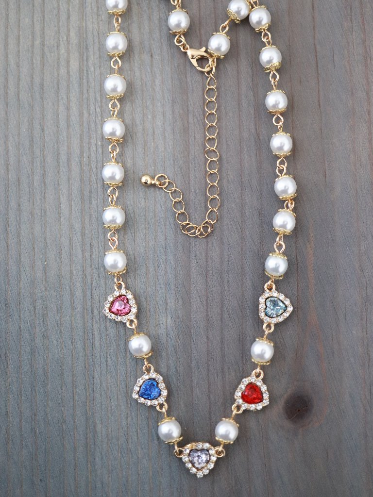 Multicolor Heart With Rhinestones Pearls Chain Necklace 18k Gold Plated 50$